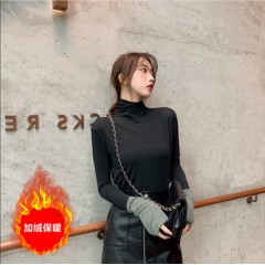 高領(lǐng)t恤女衣服學(xué)生韓版寬松秋季加絨上衣百搭緊身長(zhǎng)袖打底衫