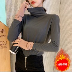 高領(lǐng)t恤女衣服學(xué)生韓版寬松秋季加絨上衣百搭緊身長(zhǎng)袖打底衫